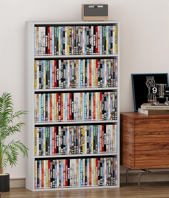 DVD Storage Rack Media Tower, 5 Tier Organizer Shelf for CDs, Video Games & Movies, Freestanding Cabinet for Living Room Home Office, Holds Up to 200+ DVDs (White)
