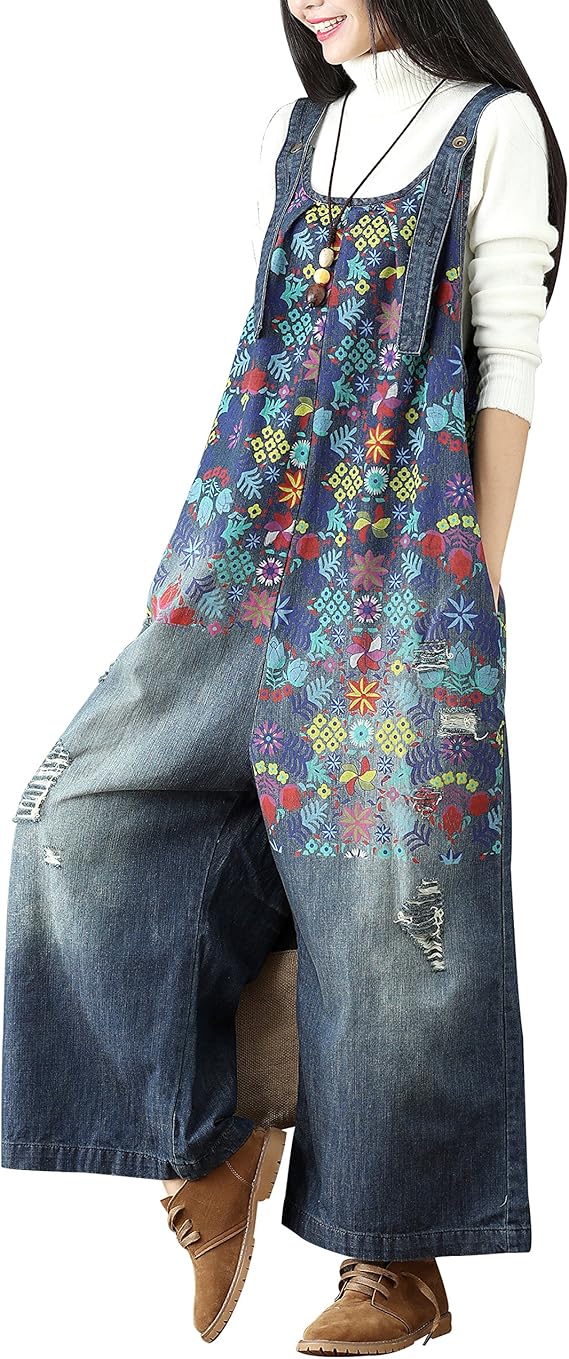 Yeokou Women Baggy Denim Overall Boho Vintage Print Wide Leg Jumpsuit Adjustable Straps Big Pockets Summer Beach Casual Wear