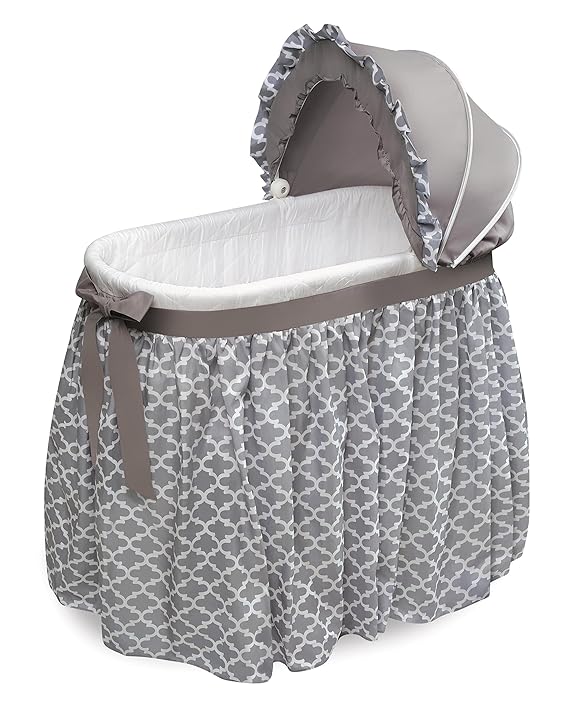 Badger Basket Wishes Rocking Baby Bassinet - Bedside Sleeper with Canopy, Bedding, Foam Pad, Storage Basket, and Flip-Up Rocking Wheels - Heirloom Quality - Gray/Lantern