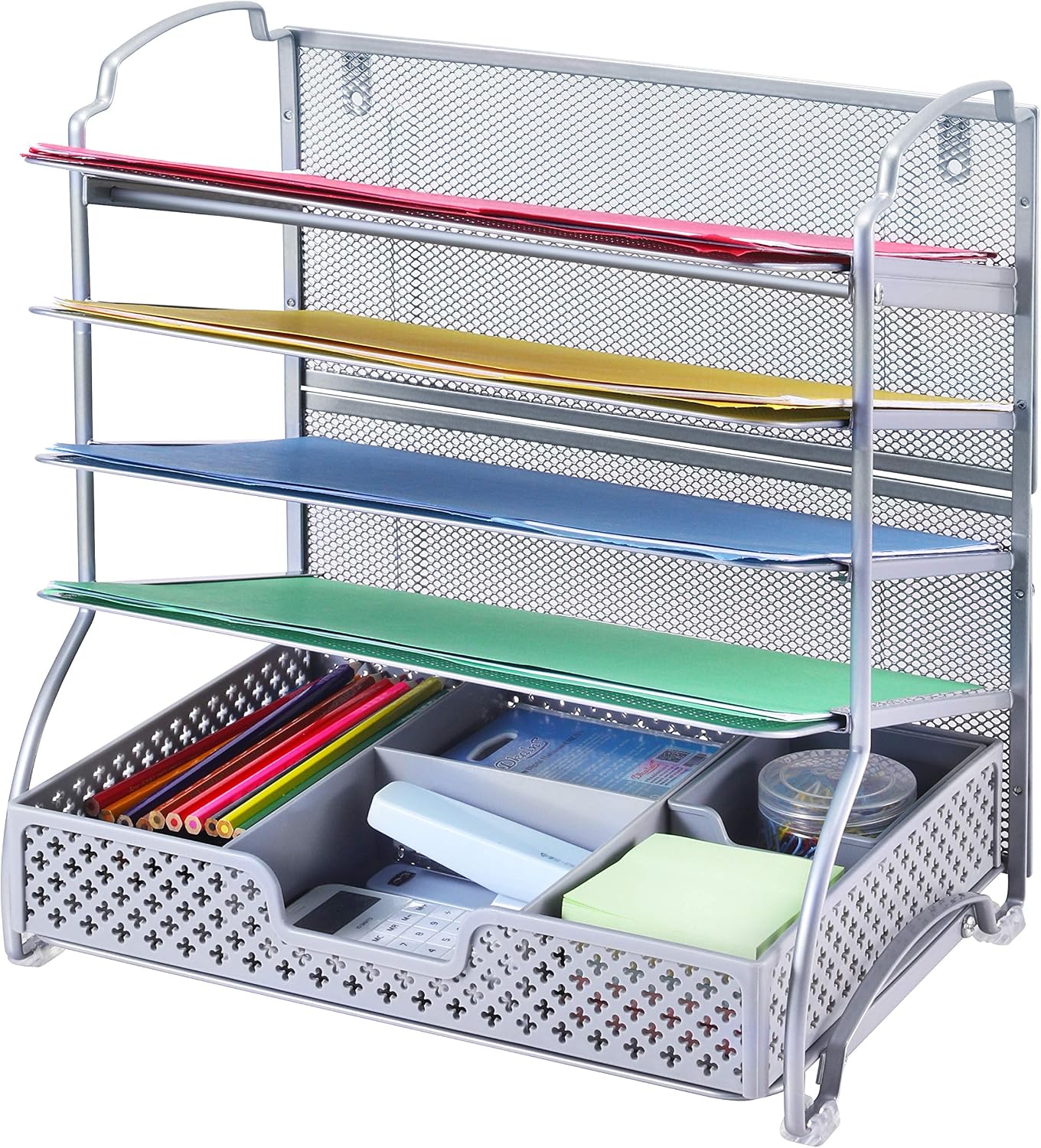 Simple Trending 5-Trays Mesh Desk File Organizer Vertical Document Letter Tray Wall File Holder with Plastic Drawer Organizer for Office Home, Silver
