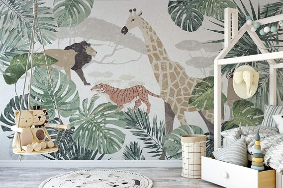 Murwall Kids Forest Wallpaper Wild Animal Wall Art Cartoon Jungle Wall Art Nursery Boys Bedroom Baby Room Childroom Play Room