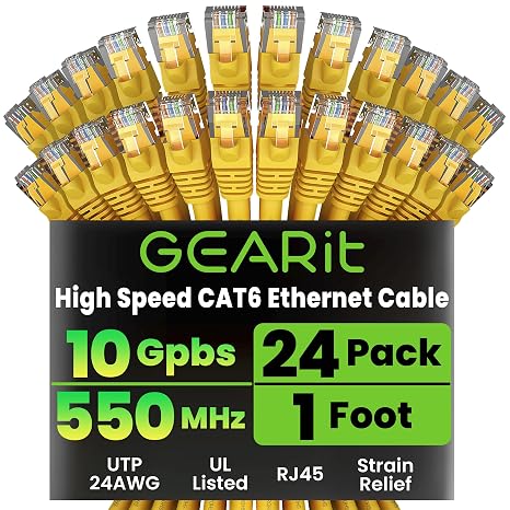 GEARit Cat6 Patch Cables Cat 6 Ethernet Cable 1 ft 24-Pack Yellow
