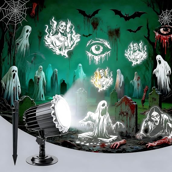 Halloween Projector Lights Outdoor, 4 Rotating Dynamic Ghost Decorations Light, Waterproof Scary Skull Holiday Lights for Yard Patio Window Garden Wall Party Decor, Indoor & Outdoor