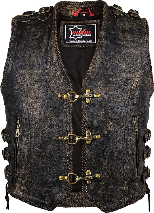 Retro Motorcycle Leather Vest with Buckles in Vintage Style