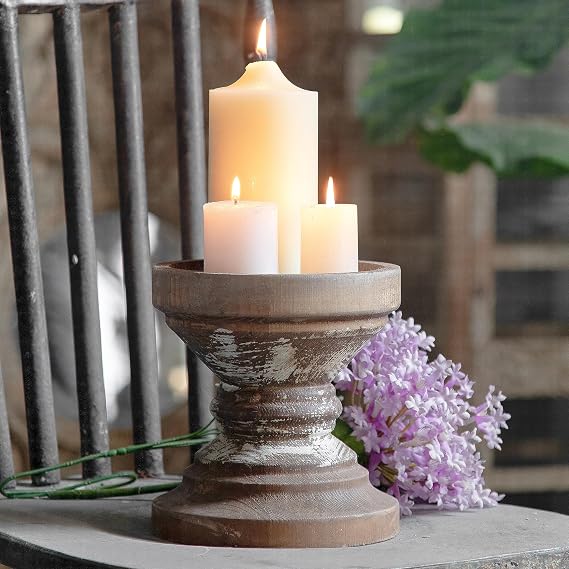 Rustic Wooden Pillar Candle Holders, 5" Wide Large Pedestal Candle Stand | Handmade Distressed, Farmhouse Candlestick Holder for Table Centerpiece, Fireplace Mantel, Wedding, Ornaments Display Riser